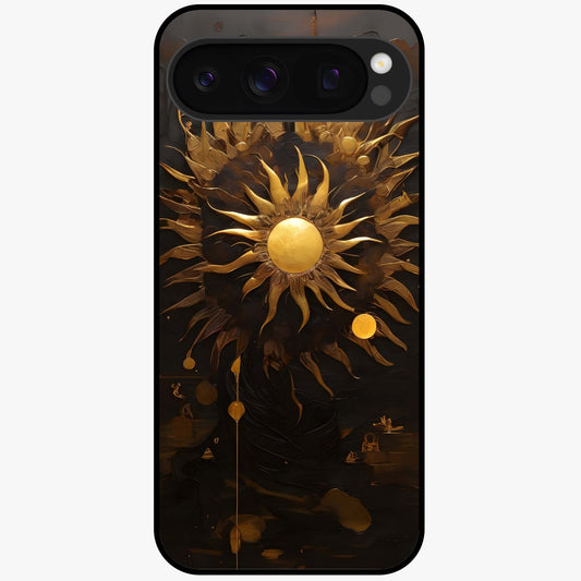 Golden Sun Majesty Glass Case showing flat back view with radiant golden sun artwork and glossy glass finish.