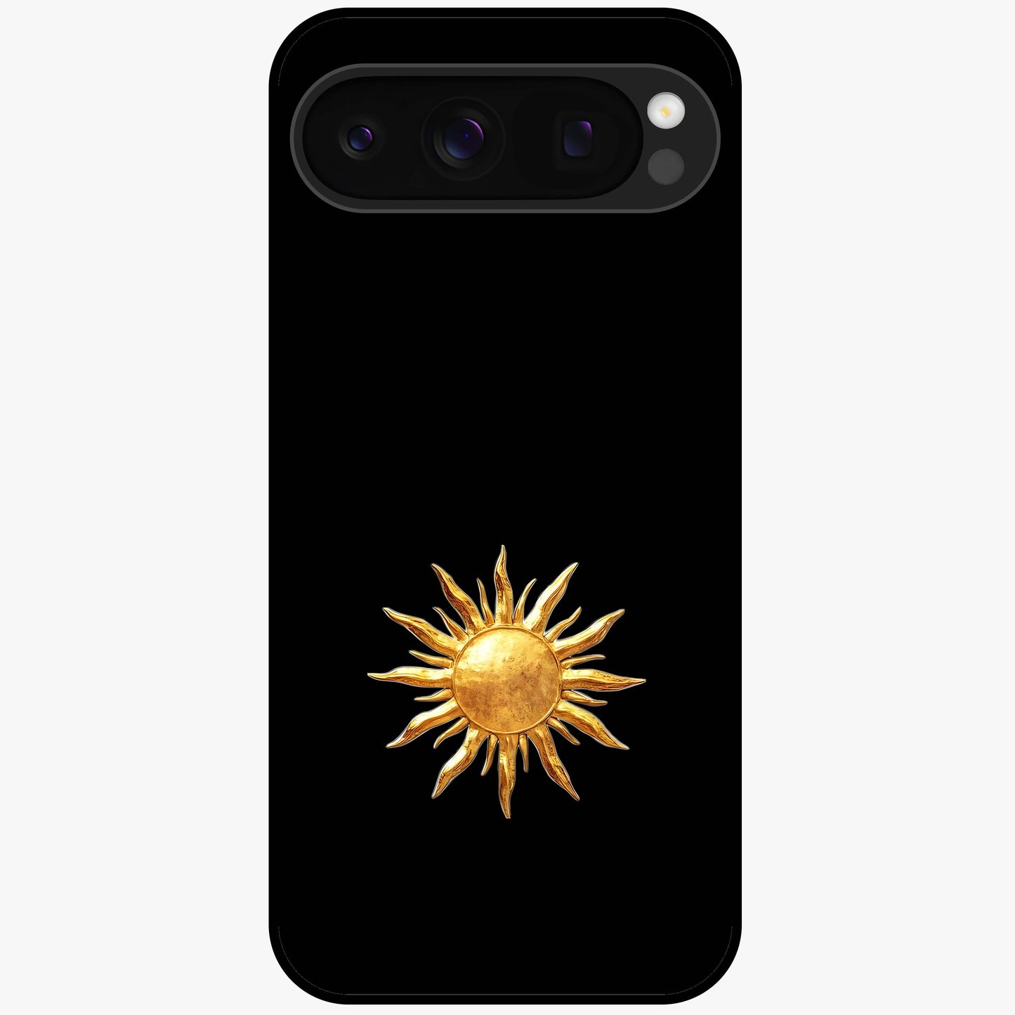 Golden Sun Minimalism Glass Case showing flat back view with minimal golden sun artwork and glossy glass finish.