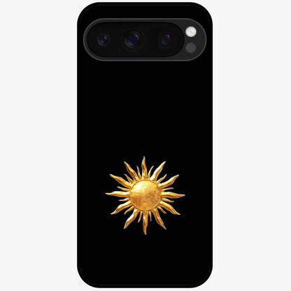 Golden Sun Minimalism Glass Case showing flat back view with minimal golden sun artwork and glossy glass finish.