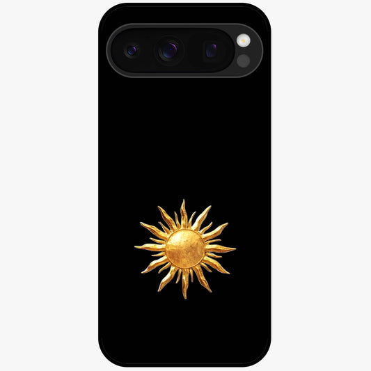 Golden Sun Minimalism Glass Case showing flat back view with minimal golden sun artwork and glossy glass finish.