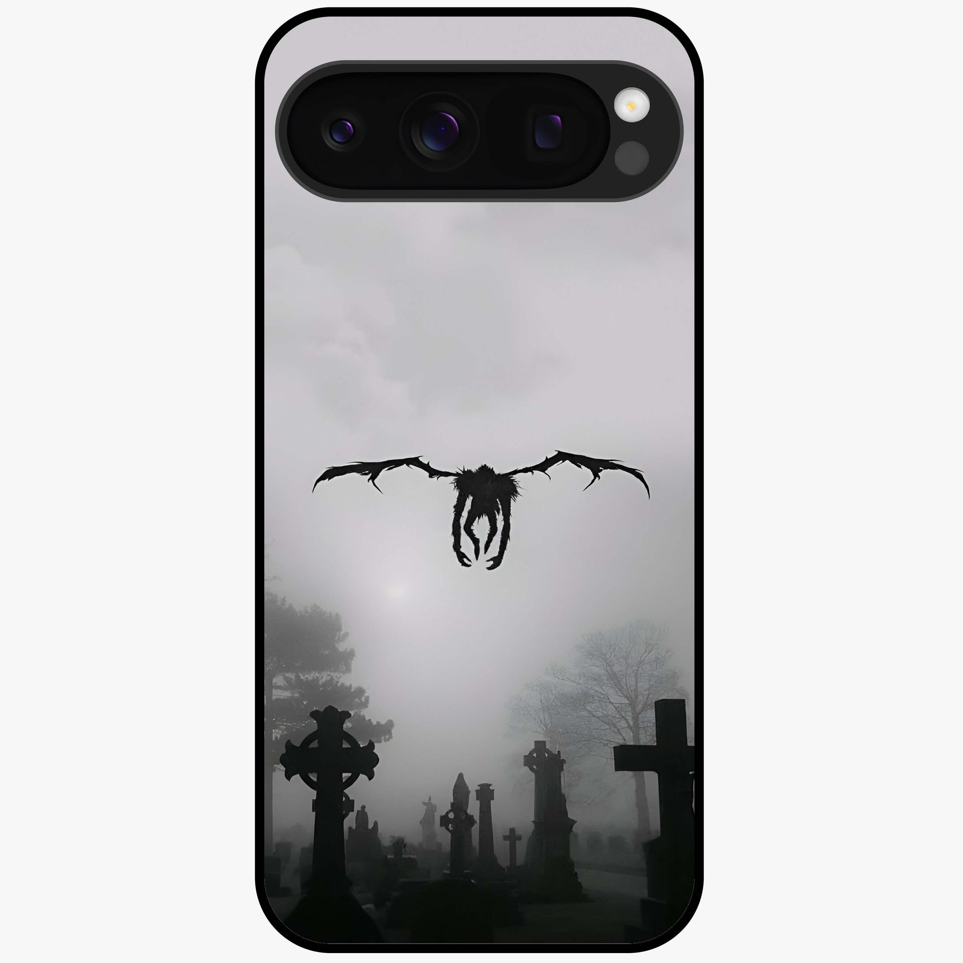 Graveyard Shadow Descent Glass Case showing flat back view with dark graveyard themed artwork and glossy glass finish.