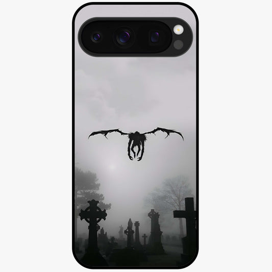 Graveyard Shadow Descent Glass Case showing flat back view with dark graveyard themed artwork and glossy glass finish.