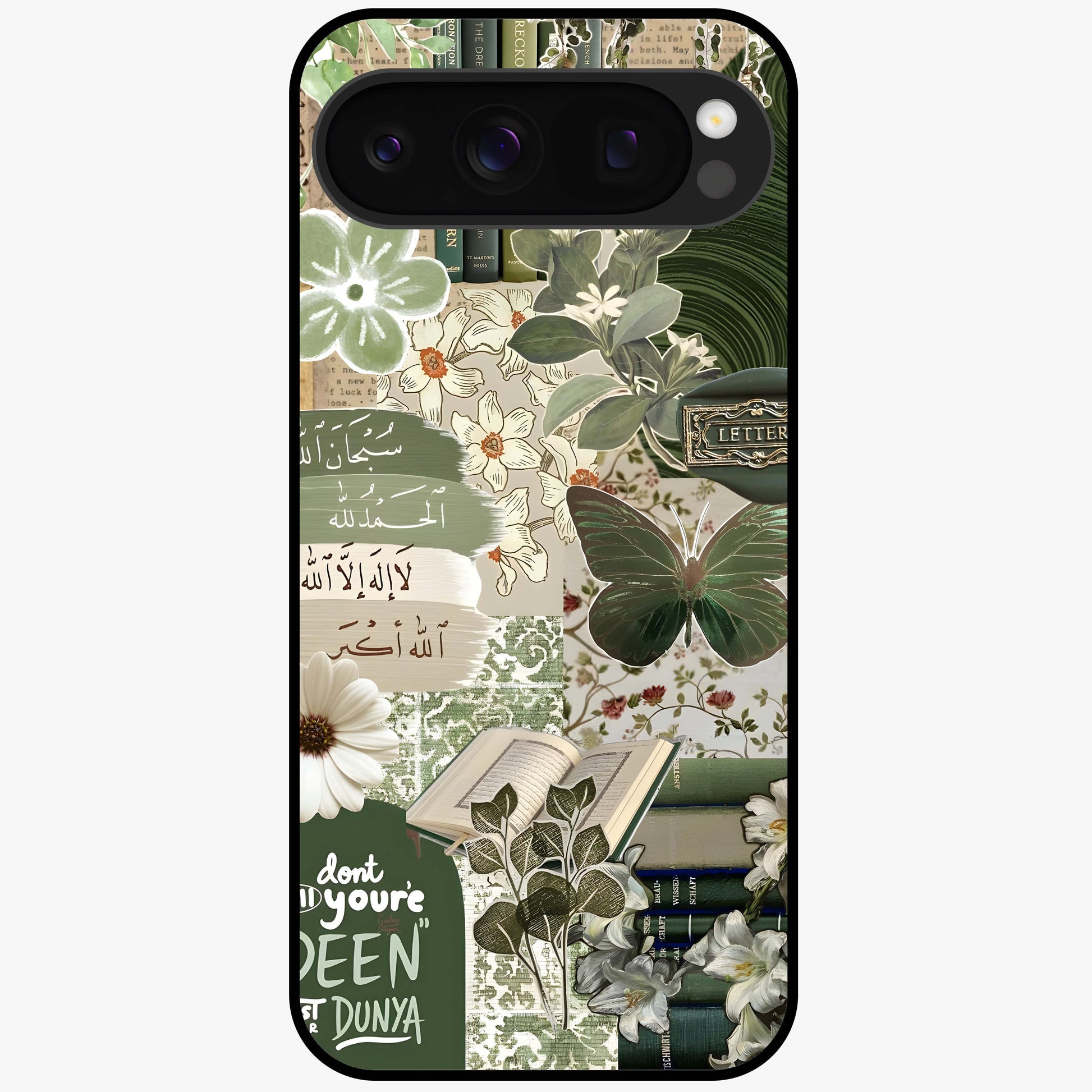 Green Islamic Books Quotes Glass Case showing flat back view with Islamic quotes and book themed artwork and glossy glass finish.