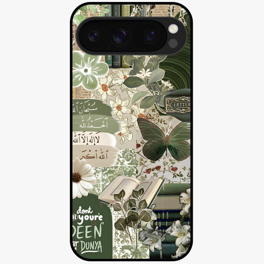 Green Islamic Books Quotes Glass Case showing flat back view with Islamic quotes and book themed artwork and glossy glass finish.