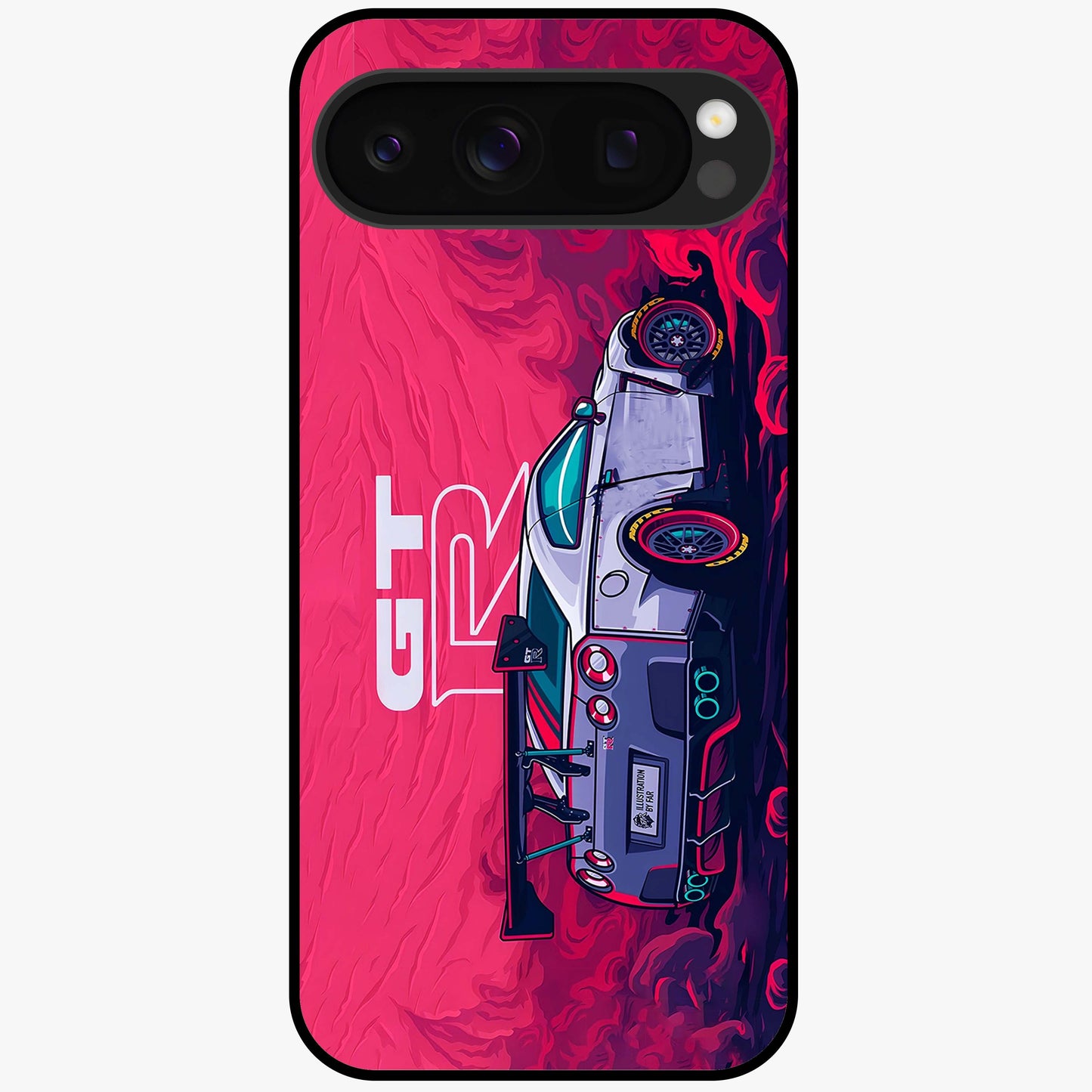GT-R Car Pattern Glass Case showing flat back view with sporty car inspired pattern artwork and glossy glass finish.