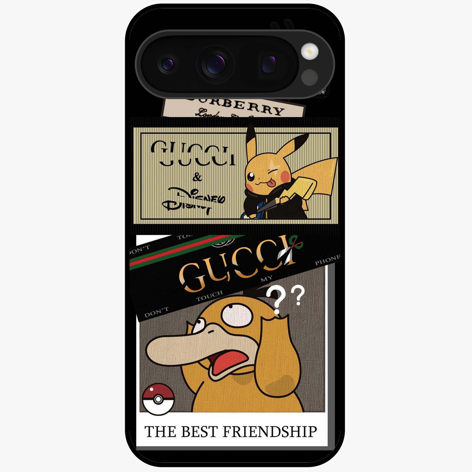 Gucci Play Mashup Glass Case showing flat back view with luxury inspired graphic artwork and glossy glass finish.