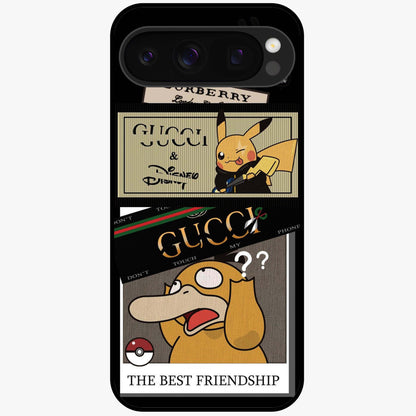 Gucci Play Mashup Glass Case showing flat back view with luxury inspired graphic artwork and glossy glass finish.