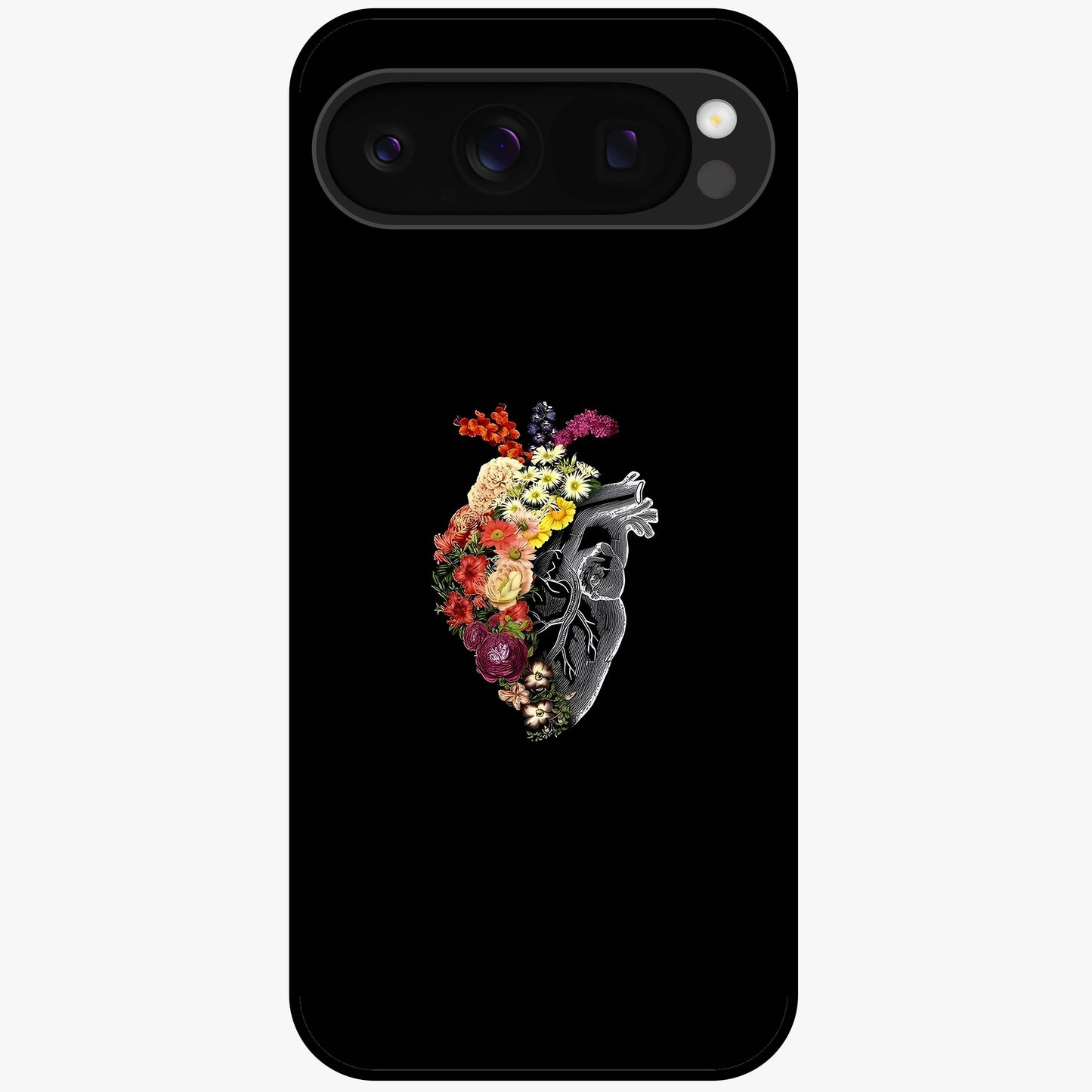 Heart With Flowers Glass Case showing flat back view with heart shaped floral artwork and glossy glass finish.