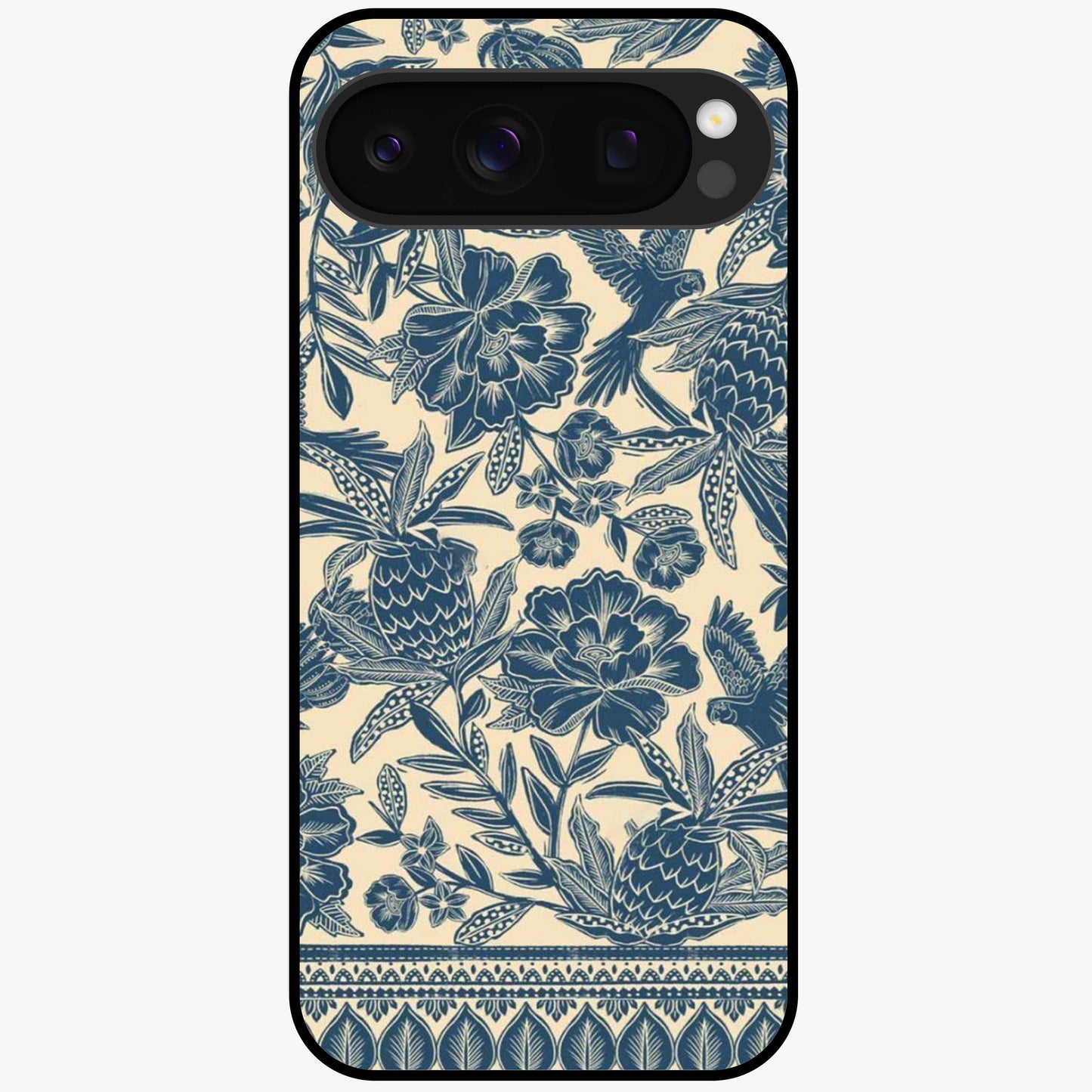 Heirloom Wild Bloom Glass Case showing flat back view with vintage inspired wild flower artwork and glossy glass finish.