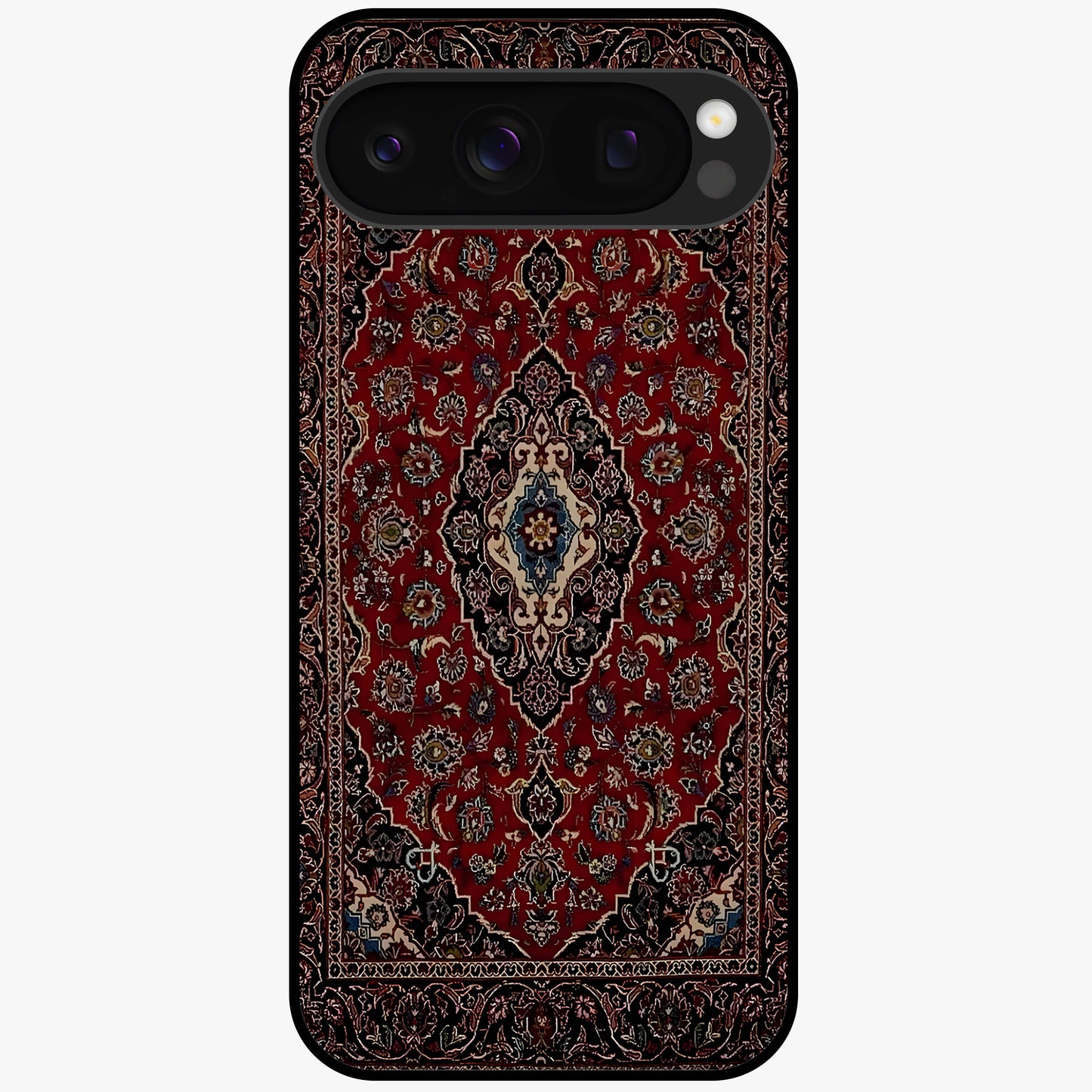 Heritage Carpet Royale Glass Case showing flat back view with ornate Persian carpet inspired pattern and glossy glass finish.