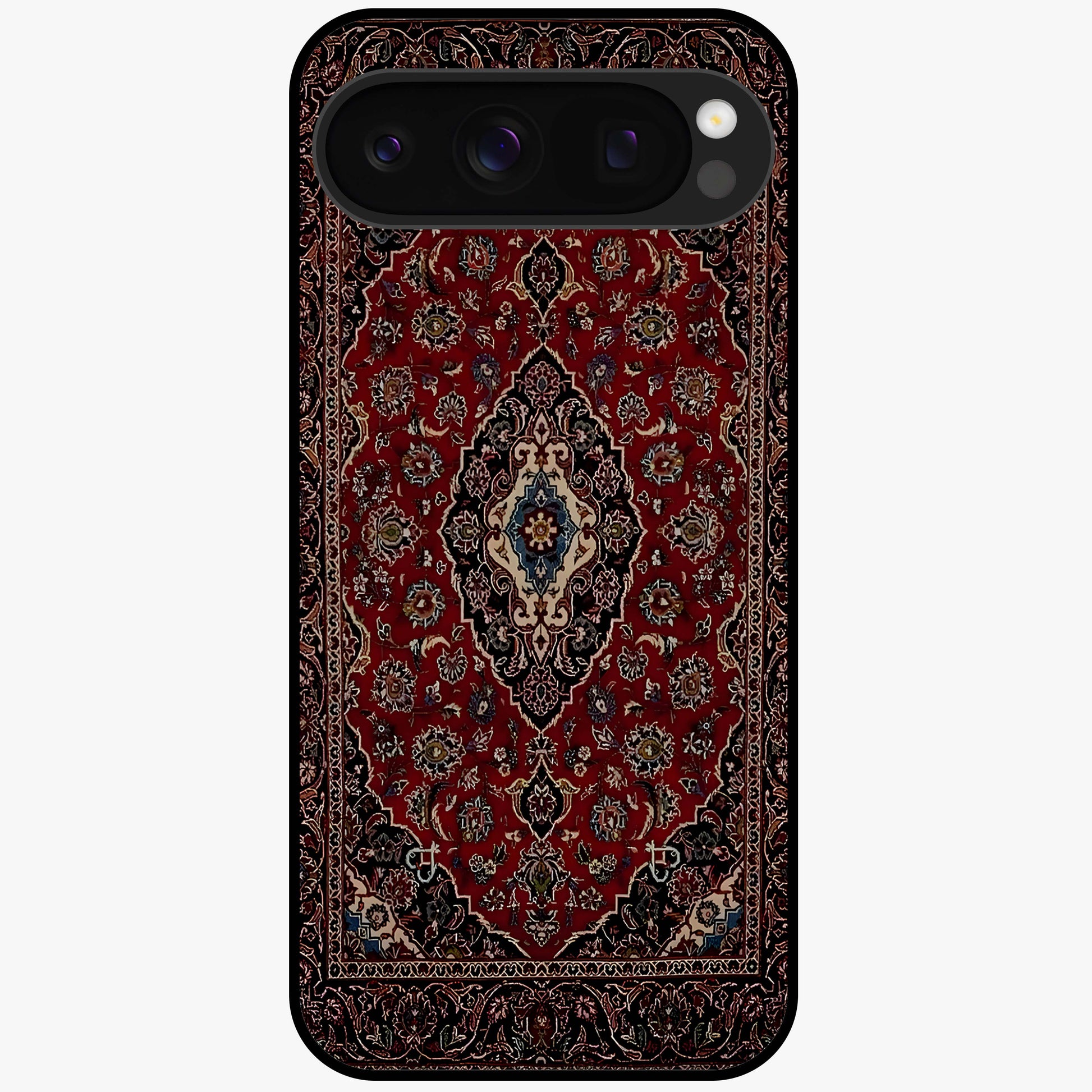 Heritage Carpet Royale Glass Case showing flat back view with ornate Persian carpet inspired pattern and glossy glass finish.