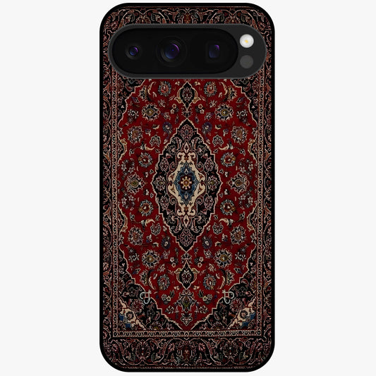 Heritage Carpet Royale Glass Case showing flat back view with ornate Persian carpet inspired pattern and glossy glass finish.