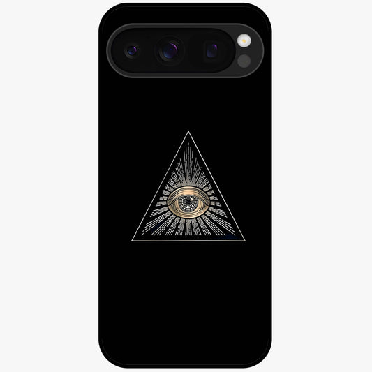 Illuminati Evil Glass Case showing flat back view with mysterious illuminati symbol artwork and glossy glass finish.