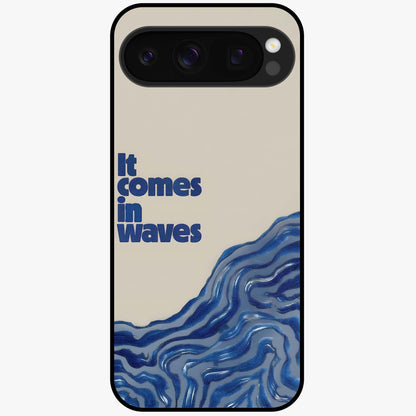 It Comes In Waves Quote Glass Case showing flat back view with inspirational wave themed quote artwork and glossy glass finish.