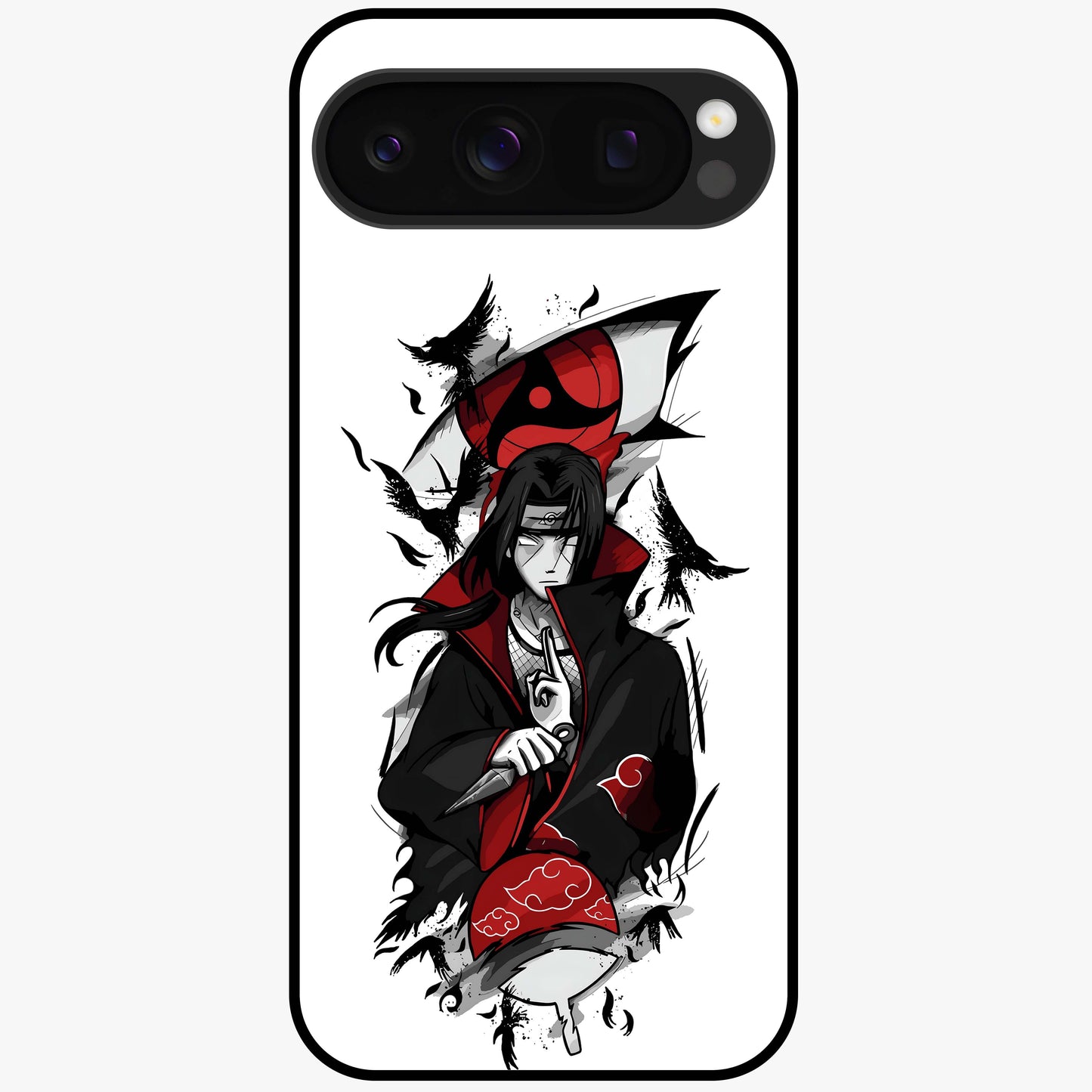 Itachi Sharingan Glass Case showing flat back view with powerful anime eye artwork and glossy glass finish.
