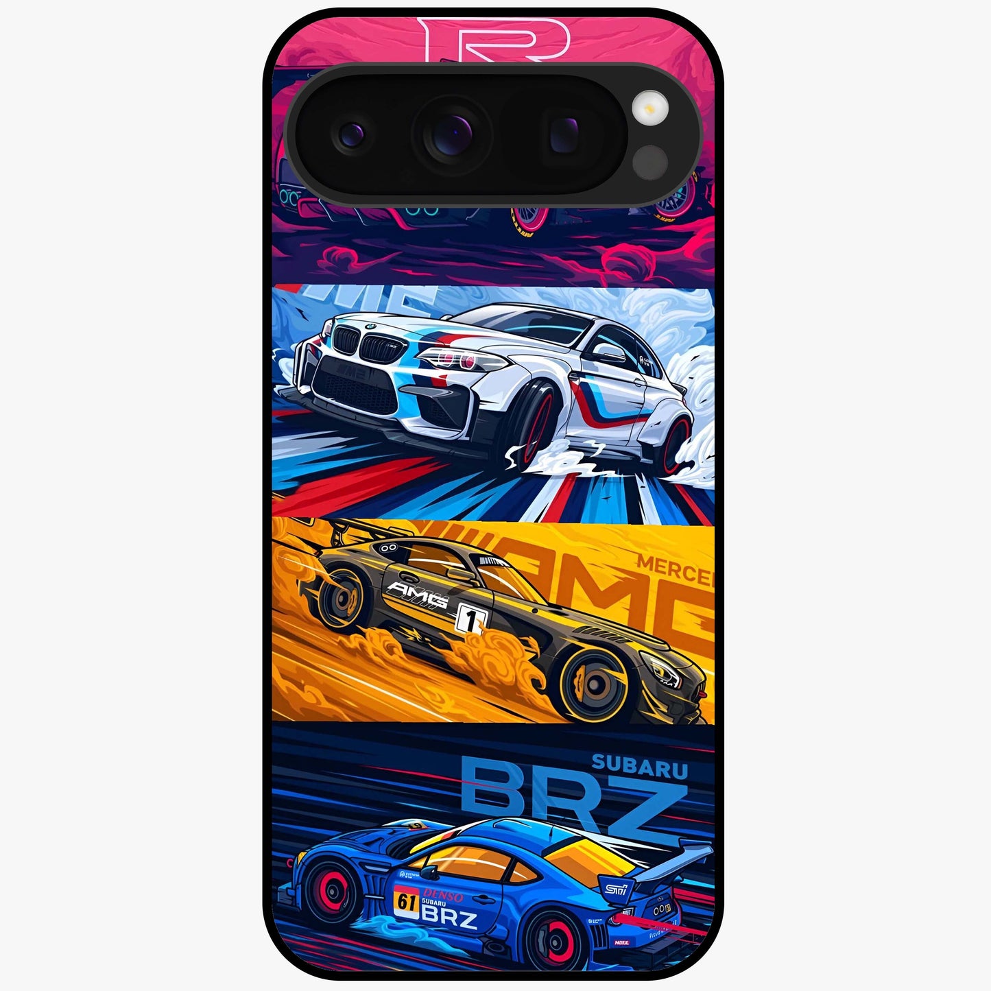 JDM Sports Car Glass Case showing flat back view with high performance sports car artwork and glossy glass finish.