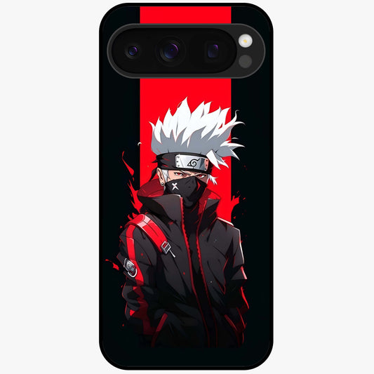 Kakashi Scarlet Shadow Glass Case showing flat back view with powerful anime ninja artwork and glossy glass finish.