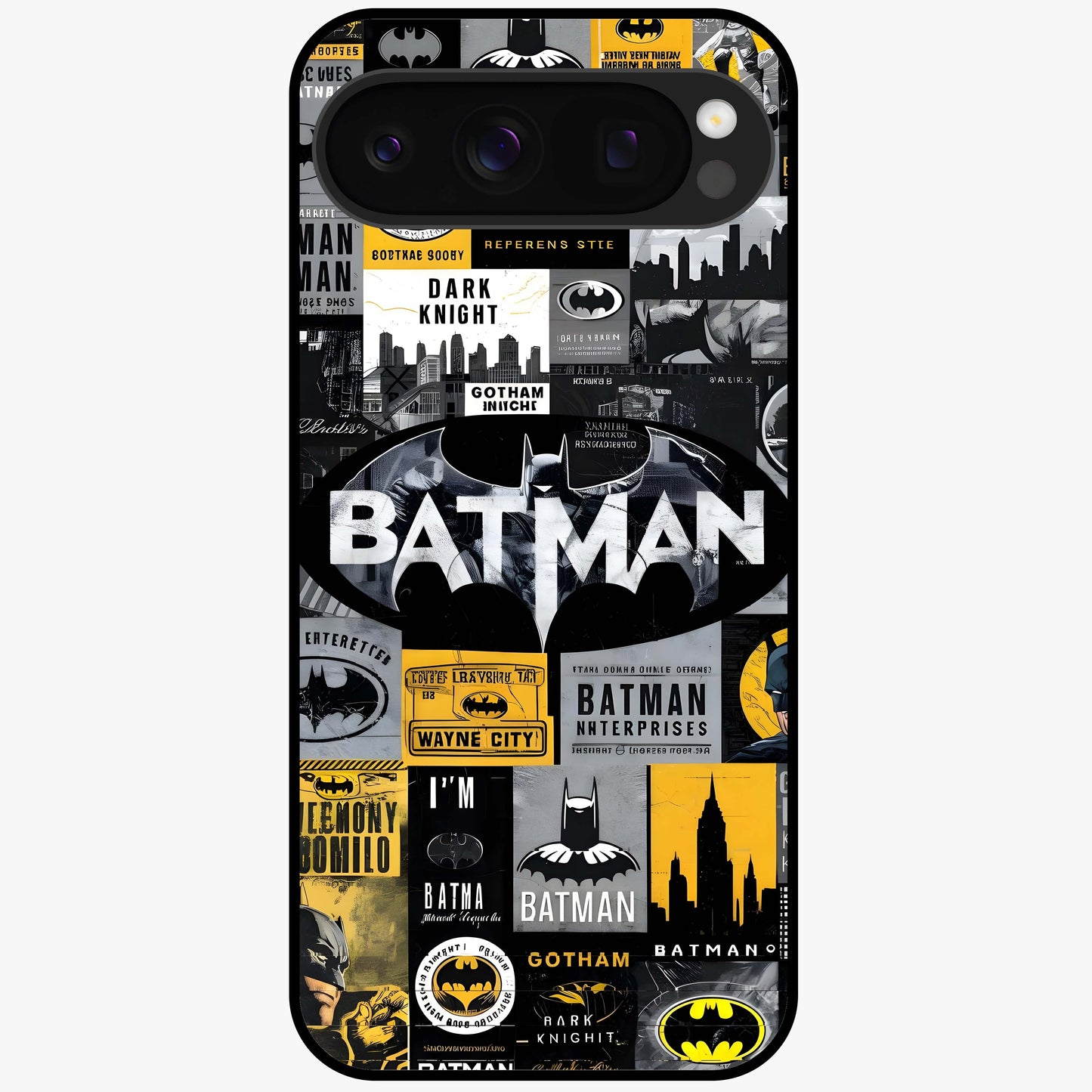 Knight Gotham Rise Glass Case showing flat back view with dark hero inspired artwork and glossy glass finish.