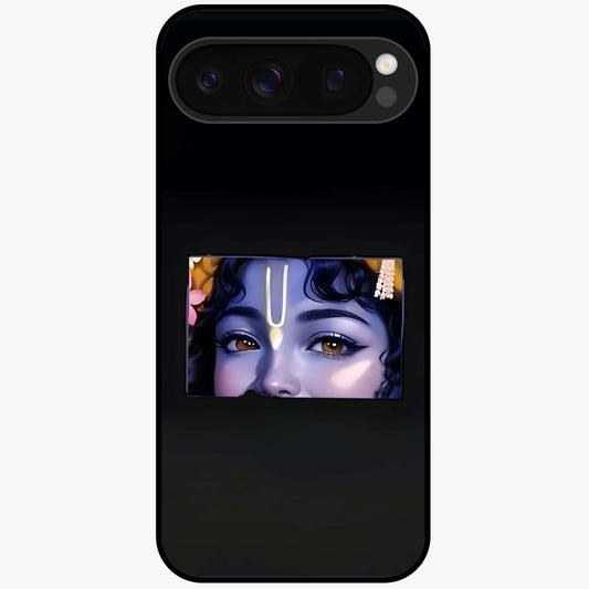 Krishna Divine Embrace Glass Case showing flat back view with Lord Krishna devotional artwork and glossy glass finish.