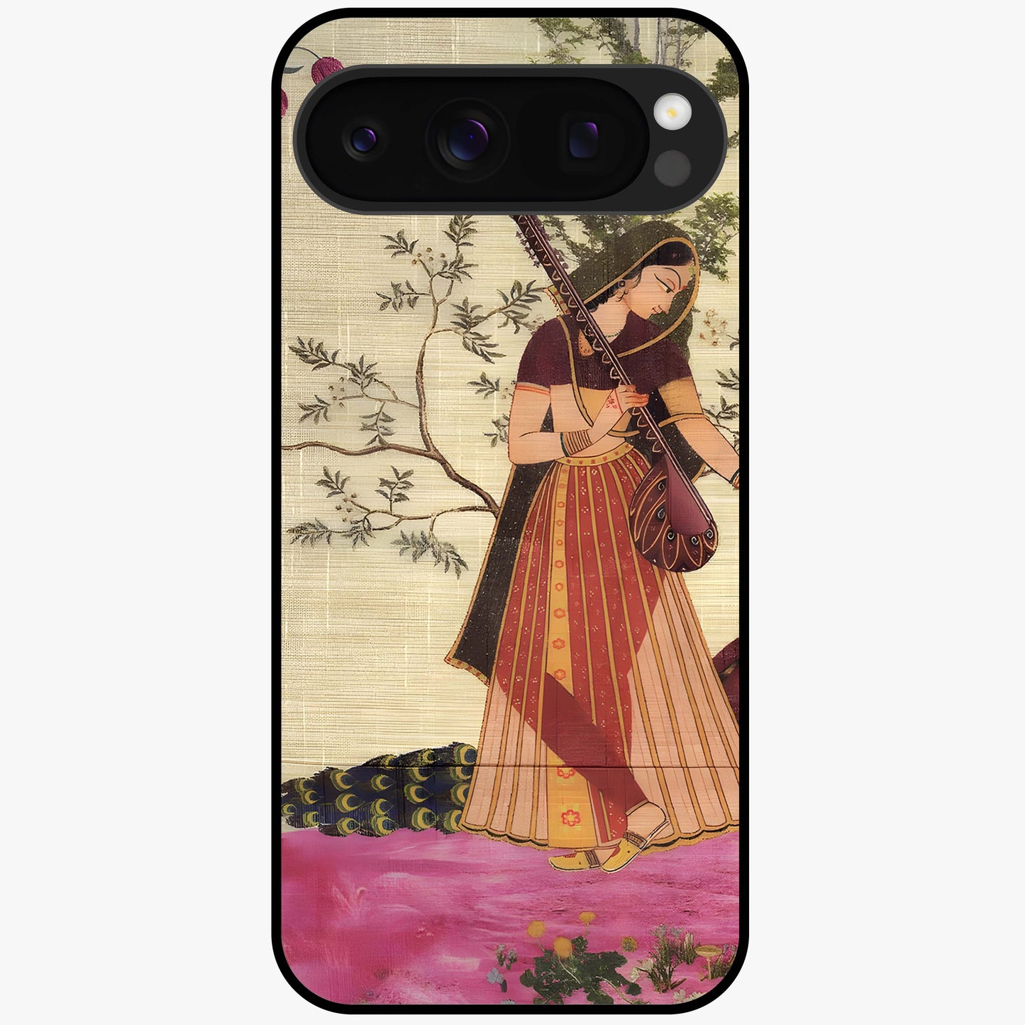 Lady With Veena Art Glass Case showing flat back view with elegant woman playing veena artwork and glossy glass finish.