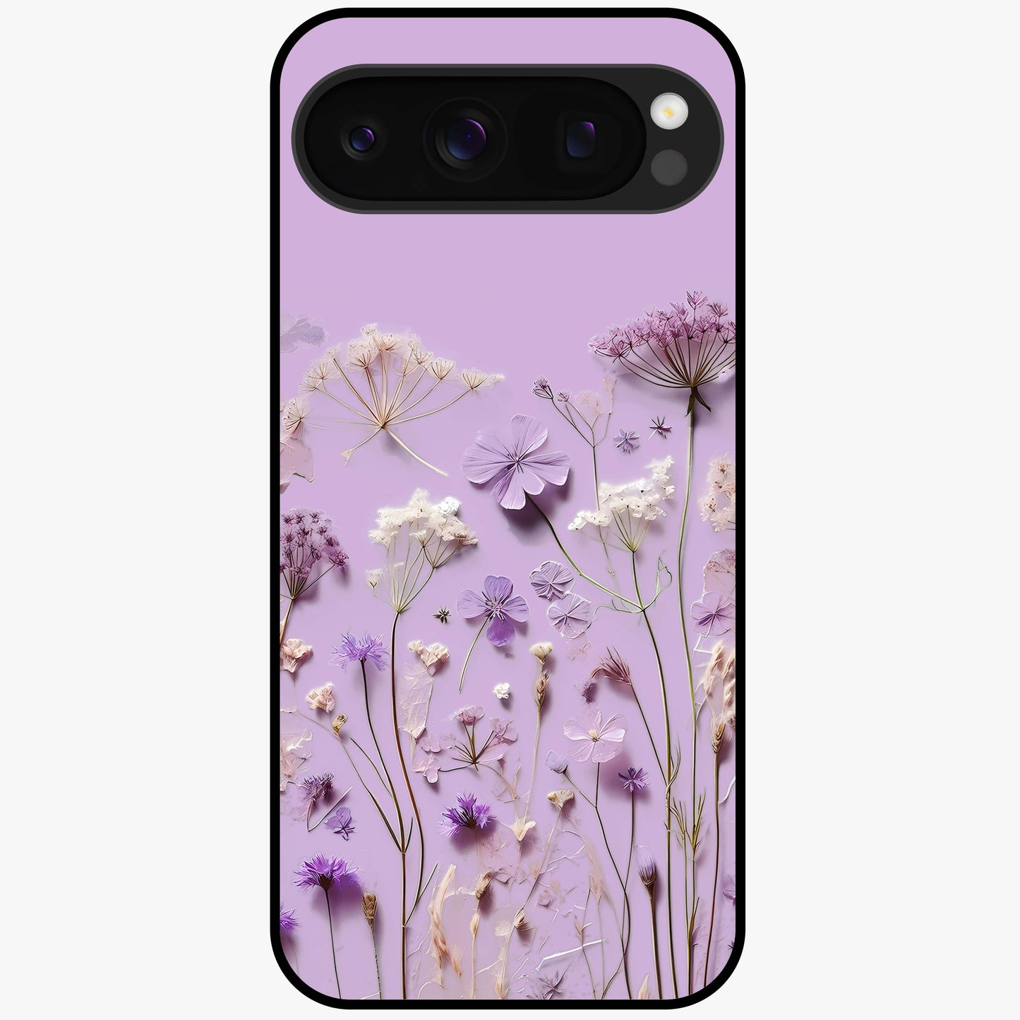 Lavender Blossom Dream Glass Case showing flat back view with soft lavender floral artwork and glossy glass finish.