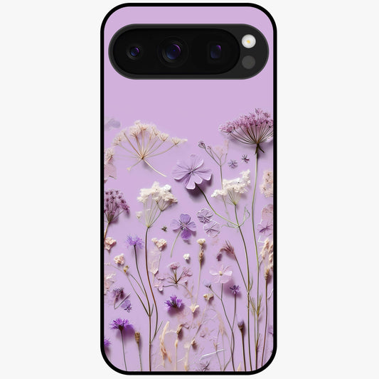 Lavender Blossom Dream Glass Case showing flat back view with soft lavender floral artwork and glossy glass finish.
