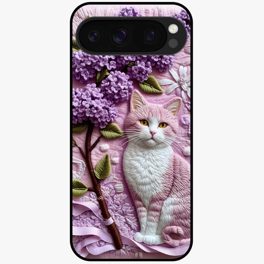 Lavender Cat Whimsy Glass Case showing flat back view with cute lavender cat artwork and glossy glass finish.