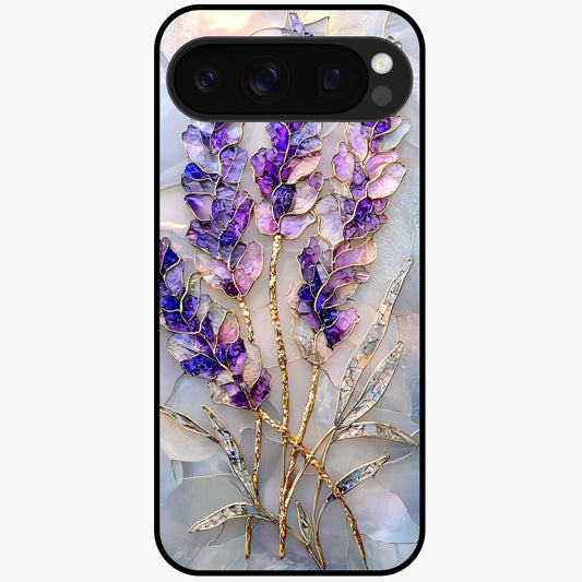 Lavender Dream Glow Glass Case showing flat back view with glowing lavender aesthetic artwork and glossy glass finish.