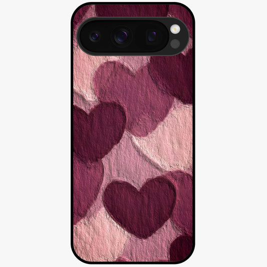 Layered Paper Hearts Glass Case showing flat back view with layered paper heart artwork and glossy glass finish.