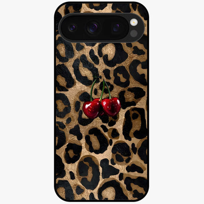 Leopard Wild Cherry Glass Case showing flat back view with leopard pattern and cherry artwork and glossy glass finish.