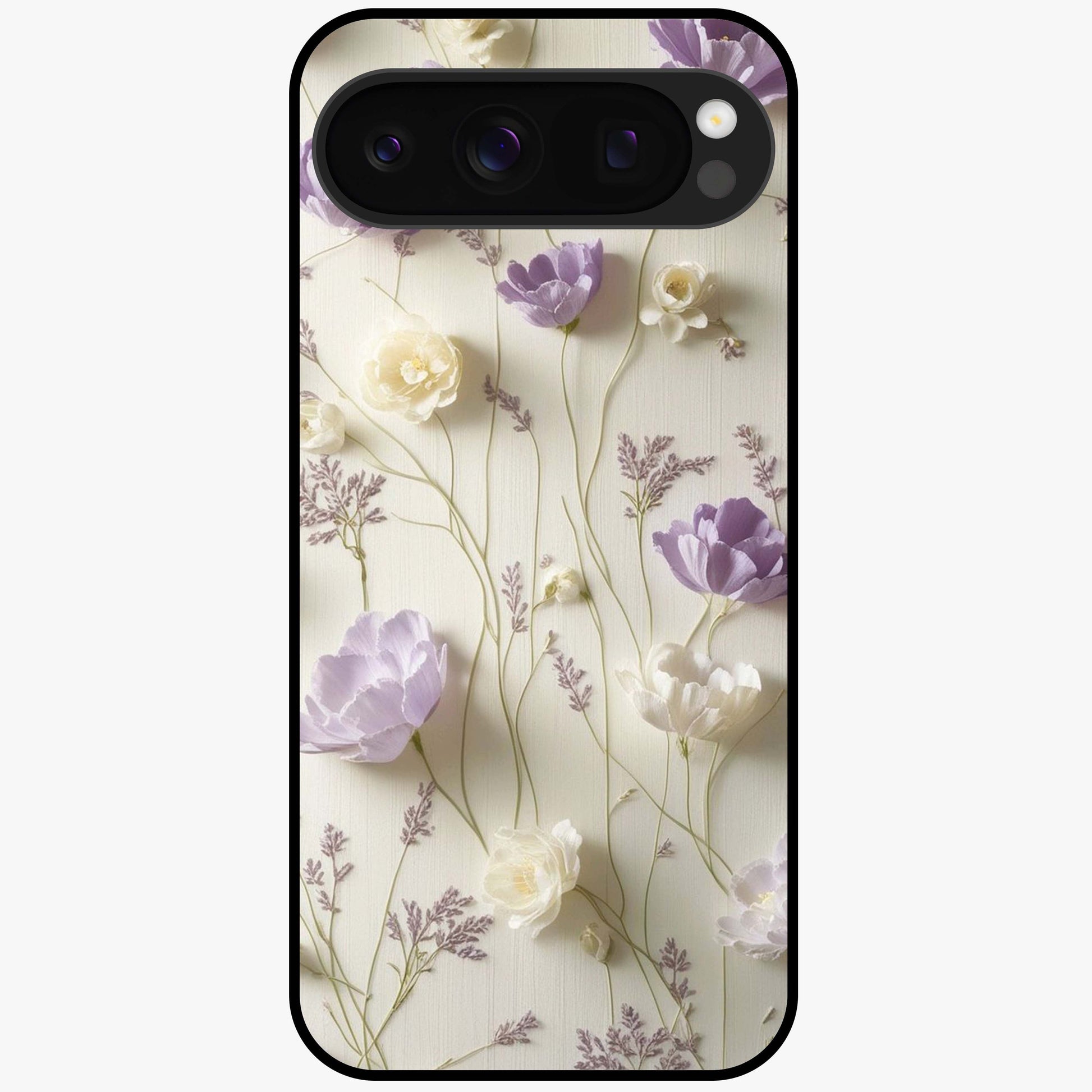 Lilac Breeze Harmony Glass Case showing flat back view with soft lilac themed artwork and glossy glass finish.