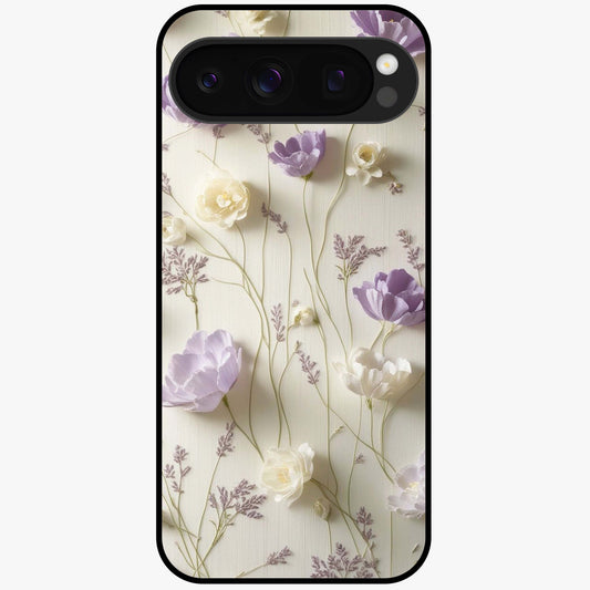 Lilac Breeze Harmony Glass Case showing flat back view with soft lilac themed artwork and glossy glass finish.