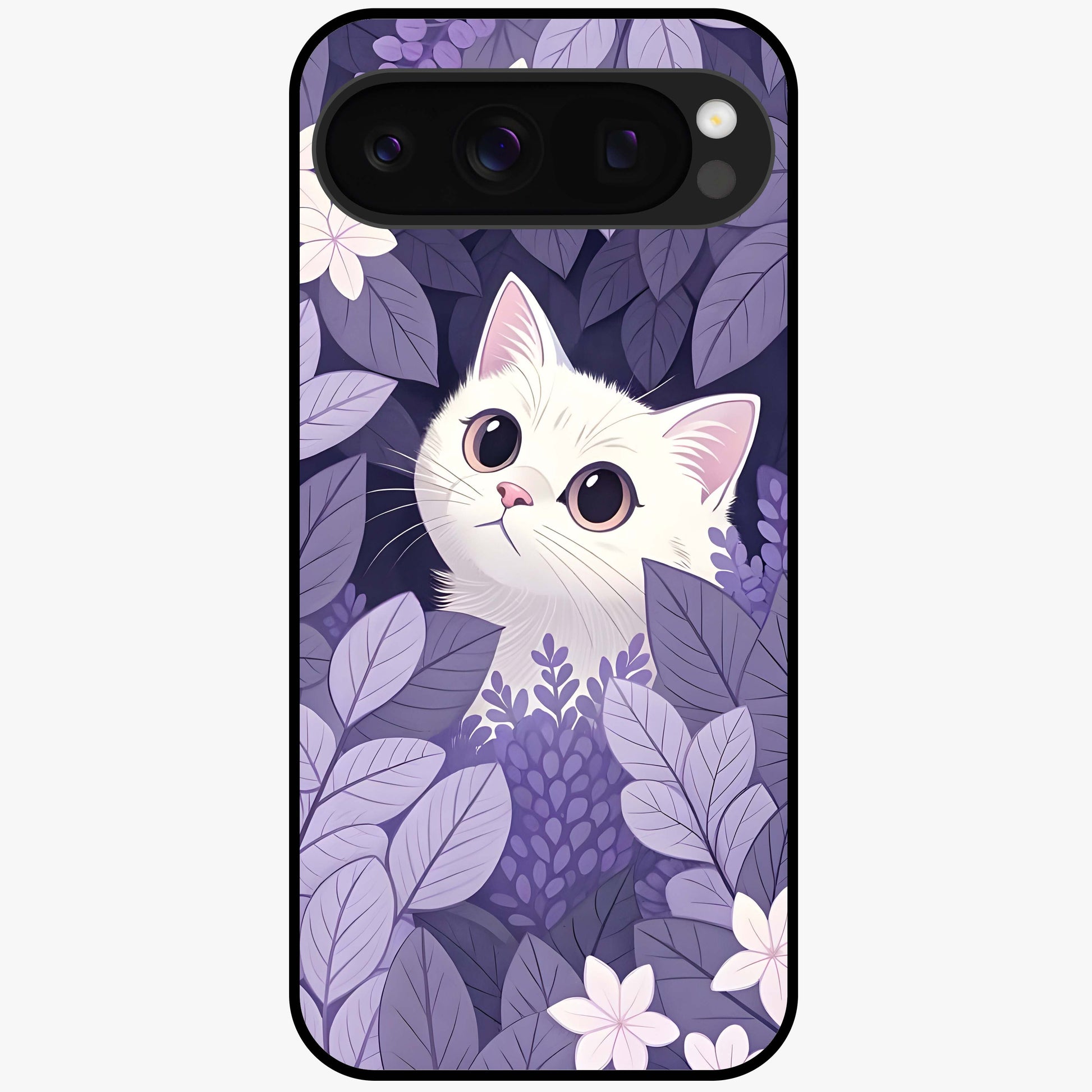 Lilac Hide Peek Cat Glass Case showing flat back view with cute peeking cat artwork and glossy glass finish.