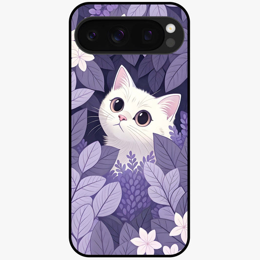 Lilac Hide Peek Cat Glass Case showing flat back view with cute peeking cat artwork and glossy glass finish.