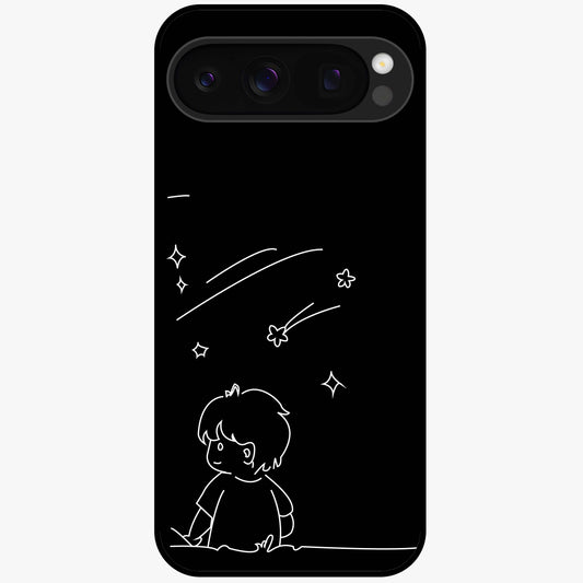 Line Art Boy With Shooting Stars Glass Case showing flat back view with minimal line art boy and shooting stars illustration and glossy glass finish.