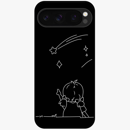 Line Art Girl With Shooting Stars Glass Case showing flat back view with minimal line art girl and shooting stars illustration and glossy glass finish.