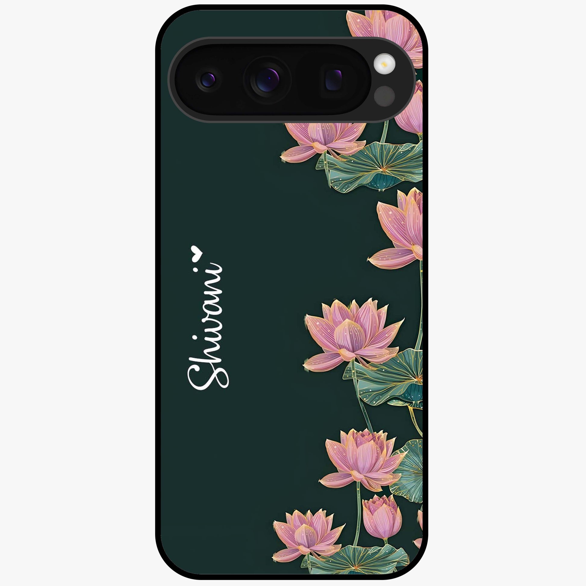 Lotus Bloom Serenity Custom Name Glass Case showing flat back view with elegant lotus flower artwork and personalized name design.