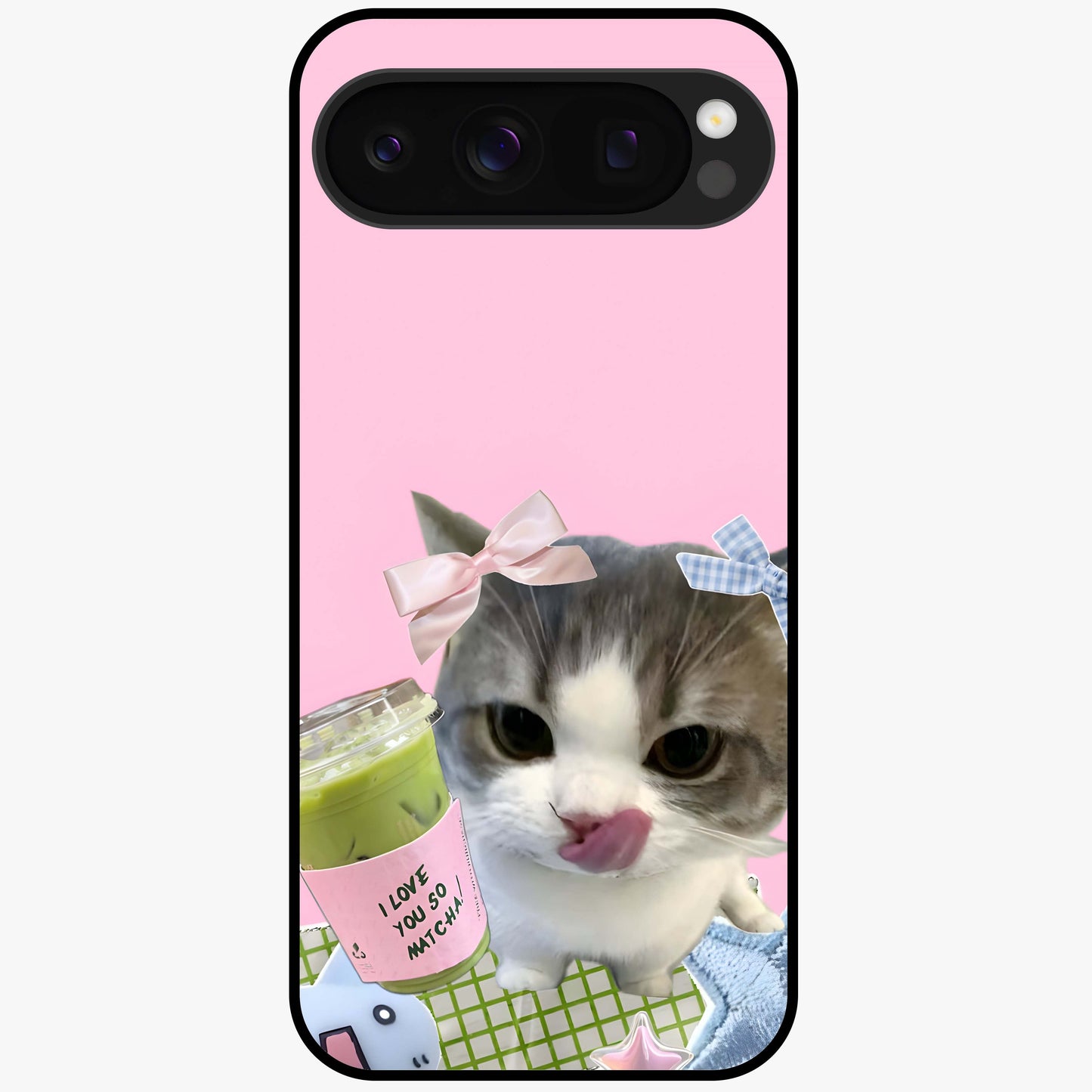 Love Matcha Cat Glass Case showing flat back view with cute cat and matcha themed artwork and glossy glass finish.