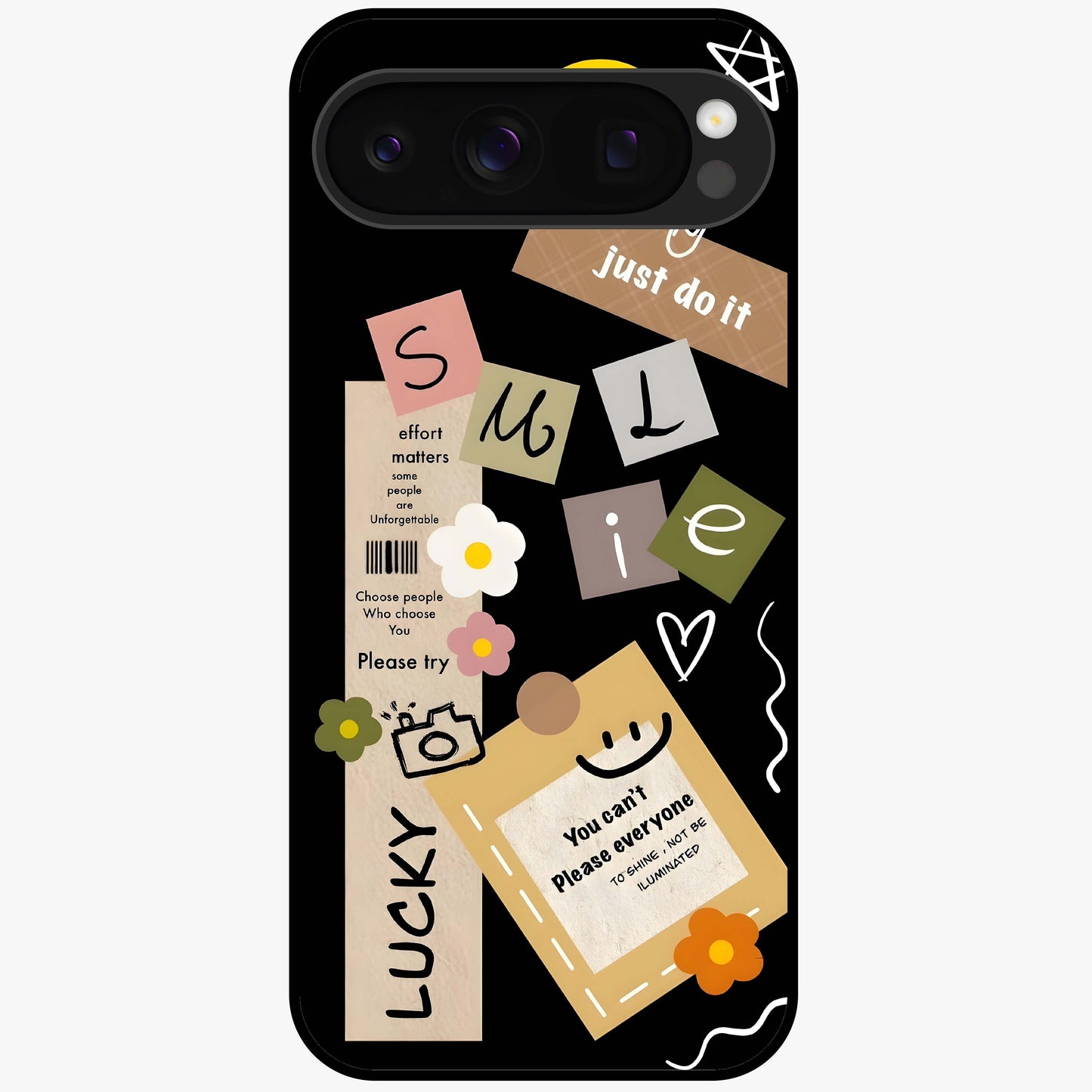 Lucky Aesthetic Collage Glass Case showing flat back view with trendy aesthetic collage artwork and glossy glass finish.