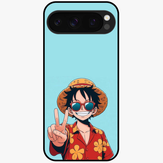 Luffy Summer Anime Vibe Glass Case showing flat back view with vibrant anime character artwork and glossy glass finish.