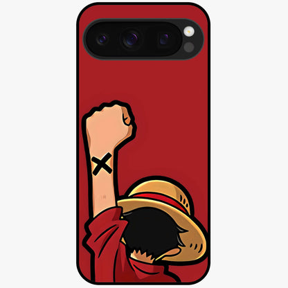 Luffy X Spirit Glass Case showing flat back view with bold anime character artwork and glossy glass finish.