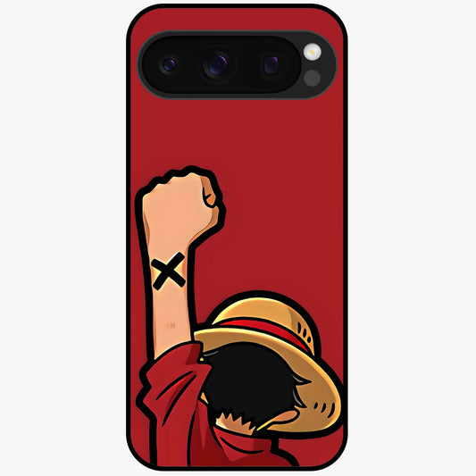 Luffy X Spirit Glass Case showing flat back view with bold anime character artwork and glossy glass finish.