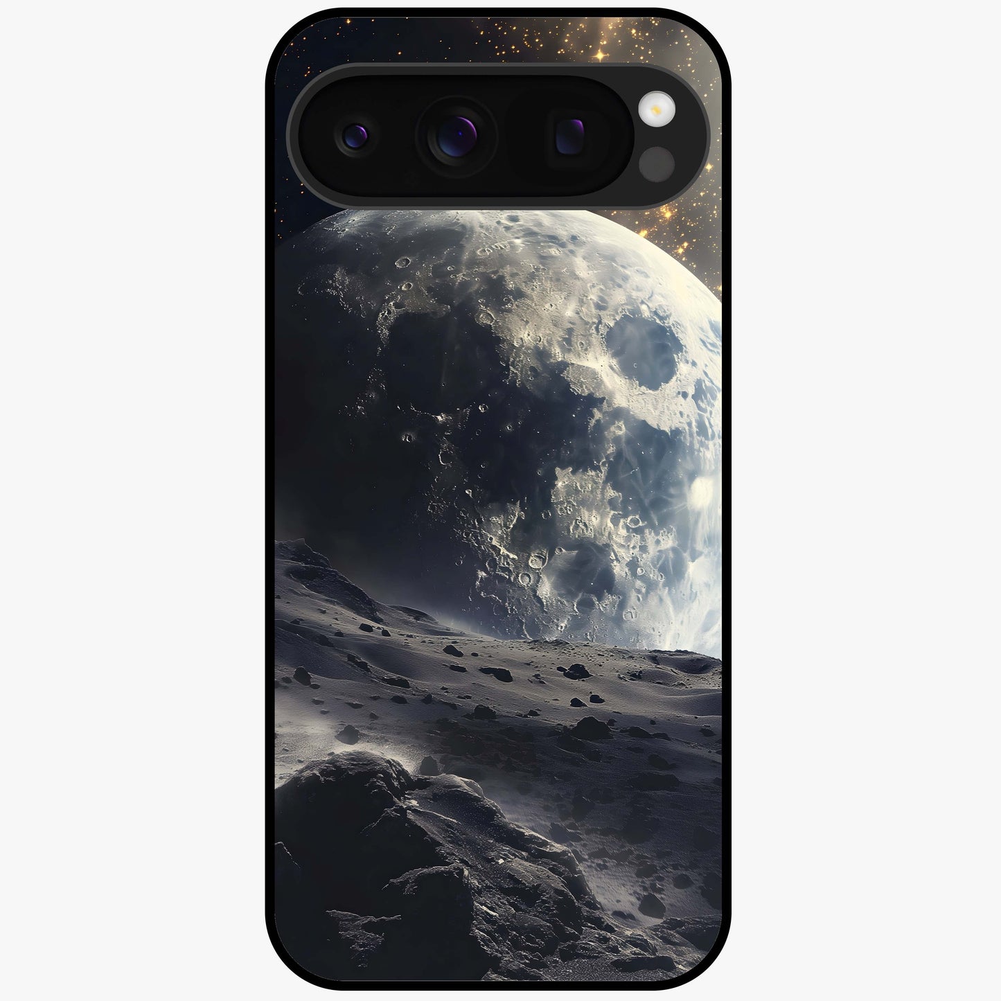 Lunar Horizon Glow Glass Case showing flat back view with glowing moon horizon artwork and glossy glass finish.
