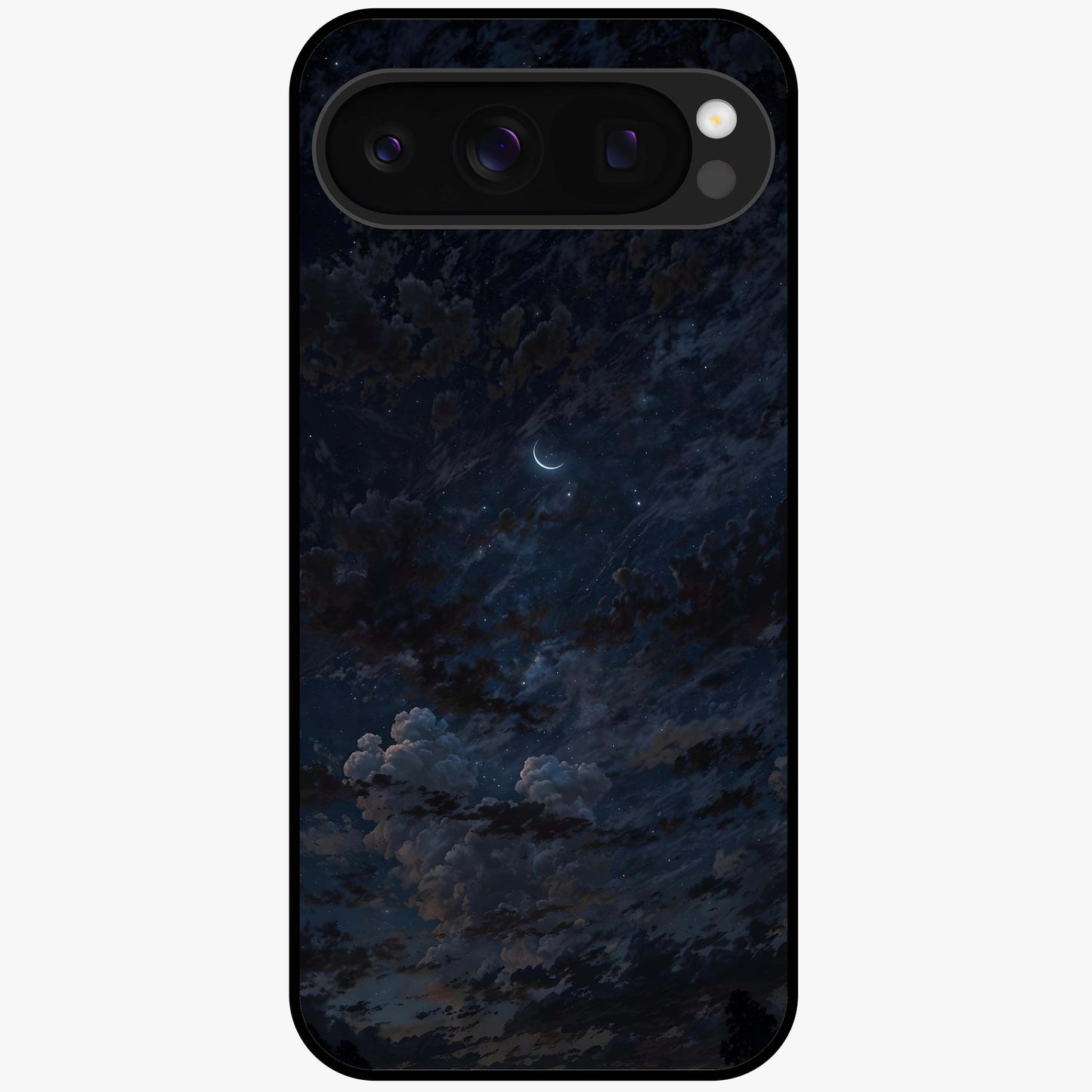 Lunar Veil Silence Glass Case showing flat back view with mystical moon veil artwork and glossy glass finish.