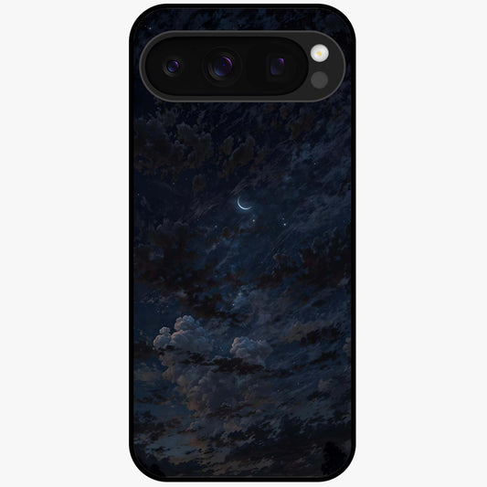 Lunar Veil Silence Glass Case showing flat back view with mystical moon veil artwork and glossy glass finish.