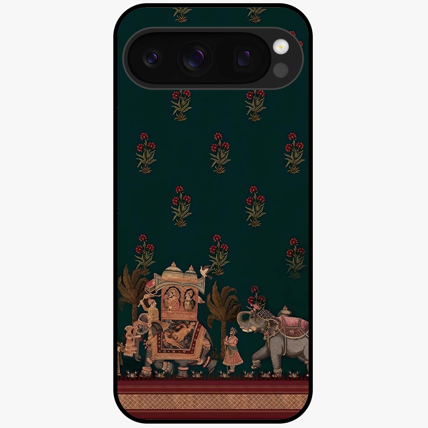 Macmerise Glass Case showing flat back view with stylish modern artwork and glossy glass finish.