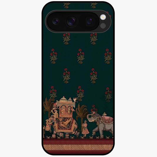 Macmerise Glass Case showing flat back view with stylish modern artwork and glossy glass finish.