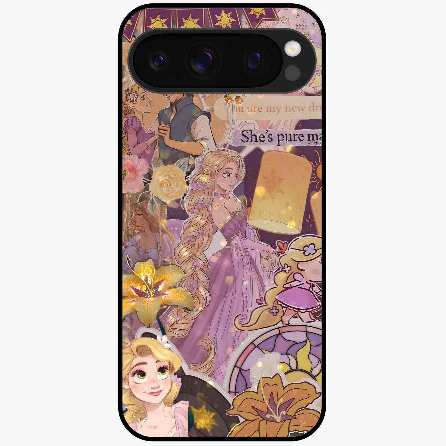 Magical Tangled Dream Glass Case showing flat back view with dreamy tangled artwork and glossy glass finish.