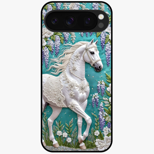 Majestic Floral Stallion Glass Case showing flat back view with powerful horse and floral artwork and glossy glass finish.
