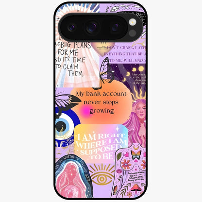 Manifestation Collage Glass Case showing flat back view with motivational collage artwork and glossy glass finish.
